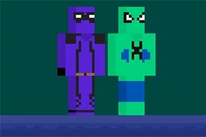 紫色と緑色のピクセルアートスタイルのキャラクターが並んで立っている。