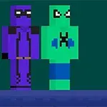 紫色と緑色のピクセルアートスタイルのキャラクターが並んで立っている。