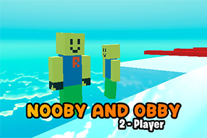 青い空と海の背景に、二人のブロック状のキャラクターが並んで立っている。