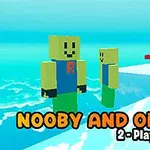 青い空と海の背景に、二人のブロック状のキャラクターが並んで立っている。