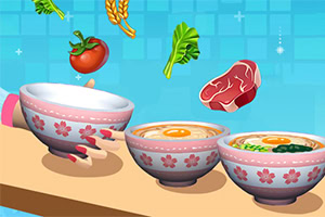 手がラーメン用のどんぶりを持ち、トマト、肉、野菜が浮かんでいる鮮やかなイラスト。