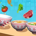 手がラーメン用のどんぶりを持ち、トマト、肉、野菜が浮かんでいる鮮やかなイラスト。