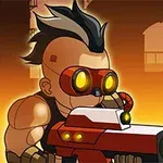 モヒカンヘアとゴーグルを着用したキャラクターが、オレンジ色の背景の前で大きな銃を構えている。