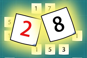緑の方眼背景に、赤い数字の2と黒い数字の8が書かれた白いカード、周囲に小さな数字カードが並ぶ図。