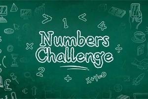 緑の黒板に「Numbers Challenge」と描かれ、周囲には手書き風の数字や記号が散りばめられているイラスト。