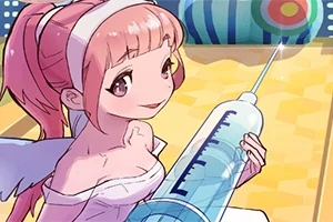 ピンクの髪のキャラクターが大きな注射器を持っているイラスト。