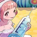 ピンクの髪のキャラクターが大きな注射器を持っているイラスト。