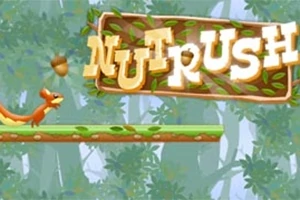 リスが木のプラットフォーム上を走っており、背景には森が広がっていて、大きな「NUT RUSH」の文字が表示されている。
