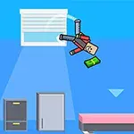 部屋の中でベッドの横を飛んでいるキャラクターと緑色の紙幣。