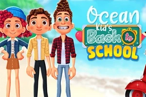 青い背景のビーチに立つ3人の若者と「Ocean Kids Back to School」と書かれたカラフルなロゴ。
