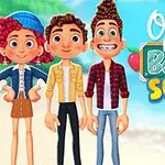 青い背景のビーチに立つ3人の若者と「Ocean Kids Back to School」と書かれたカラフルなロゴ。