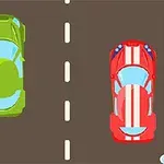 緑色と赤色のスポーツカーが隣接する車線に並んでいるイラスト。