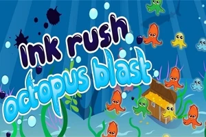 海の中にカラフルなタコと小屋があり、「ink rush octopus blast」というタイトルが表示されているイラスト。
