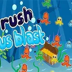 海の中にカラフルなタコと小屋があり、「ink rush octopus blast」というタイトルが表示されているイラスト。
