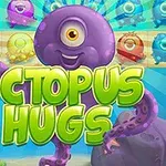 紫色の一つ目のタコが明るい海の背景にいて、色とりどりの小さなキャラクターと「OCTOPUS HUGS」の文字がある。