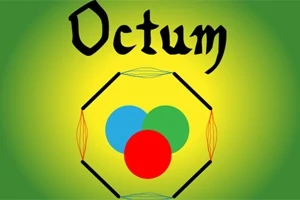 緑色の背景に「Octum」という文字があり、中央に赤、青、緑の三つの円が重なっている六角形のシンボルが描かれている。