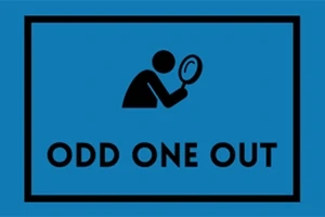 青い背景に黒い人のシルエットが虫眼鏡を持っているイラストと「ODD ONE OUT」の文字。