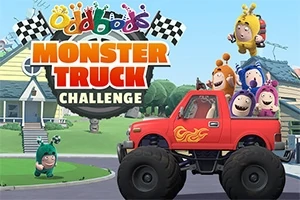 赤いモンスタートラックに乗った複数のカラフルなキャラクターとタイトルの背景に家が見える。