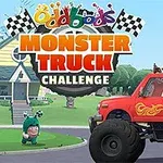 赤いモンスタートラックに乗った複数のカラフルなキャラクターとタイトルの背景に家が見える。