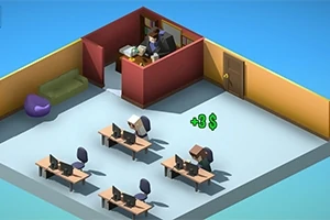 小さなオフィスで、机に座ってコンピュータを使うキャラクターと、一人が個室で電話をかける様子。