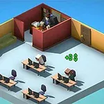 小さなオフィスで、机に座ってコンピュータを使うキャラクターと、一人が個室で電話をかける様子。