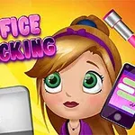 オフィスで頬杖をつくかわいいアニメーションキャラクターと、ノートパソコン、スマートフォン、およびカラフルな背景。