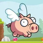 翼のある漫画風の豚が空を飛んでいるイラスト。