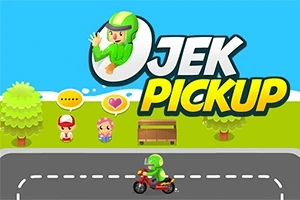 緑色の服を着たキャラクターがバイクに乗って道路を走っており、背景には木と二人のキャラクター、そしてベンチが配置されている。