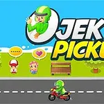 緑色の服を着たキャラクターがバイクに乗って道路を走っており、背景には木と二人のキャラクター、そしてベンチが配置されている。