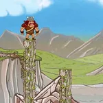 岩の柱に立っているキャラクターと、背景に山と草原が広がっているイラスト。
