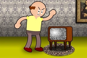 怒っている男性が、砂嵐が映っているテレビに向かって拳を振り上げている。