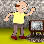怒っている男性が、砂嵐が映っているテレビに向かって拳を振り上げている。