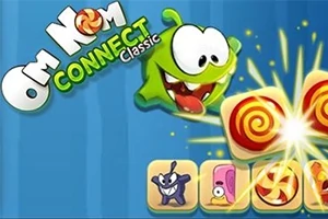 緑色のキャラクターが赤いキャンディに向かって笑顔で飛び跳ねているイラスト。
