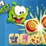 緑色のキャラクターが赤いキャンディに向かって笑顔で飛び跳ねているイラスト。