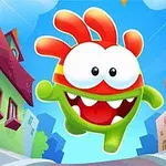 赤い髪と大きな目を持つ緑色のキャラクターが笑顔で街中を飛び跳ねている。