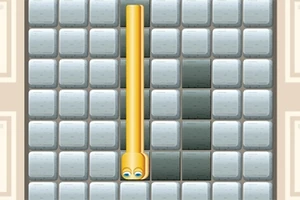 黄色の蛇のようなキャラクターが白と黒のタイルで構成されたグリッド上にいる画面。