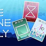 青い背景に「ONE LINE ONLY」の文字と、三枚のカードが並んでおり、それぞれ異なる図形が描かれている。