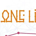 オレンジ色のドットがつながり「ONE LINE」と描かれた文字と、背景にピンク色のドットで形成された線。