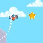 青空の中、雲を背景に小型飛行機が星に向かって飛んでいる。