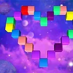 紫色の宇宙背景にカラフルなキューブで作られたハートの形。