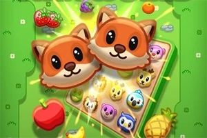 2匹のかわいいキツネのキャラクターとカラフルなフルーツや動物のイラストが描かれたゲームボード。