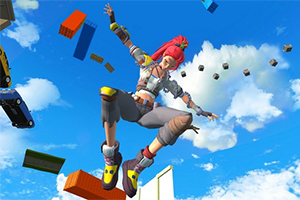青空の下で赤い髪のキャラクターがカラフルなブロックやオブジェクトの間をダイナミックにジャンプしている。