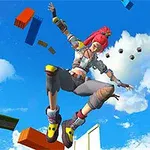 青空の下で赤い髪のキャラクターがカラフルなブロックやオブジェクトの間をダイナミックにジャンプしている。