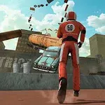 赤いレーシングスーツを着た人物が、飛び跳ねる車や障害物がある都市の背景に立っている。