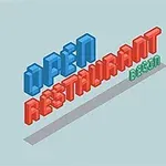 青い背景に「OPEN RESTAURANT BEGIN」と立体的な文字で描かれたデザイン。