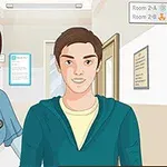 医療施設の廊下で、看護師と若い男性が並んで立っているイラスト。