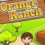 木の看板に囲まれた「Orange Ranch」の文字と、オレンジの木や箱いっぱいのオレンジの横に立つ人物たち。