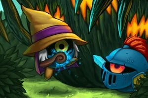 木の背景の前に、魔法使いの帽子をかぶったキャラクターと、青い鎧を着たキャラクターが対面している。
