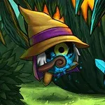 木の背景の前に、魔法使いの帽子をかぶったキャラクターと、青い鎧を着たキャラクターが対面している。