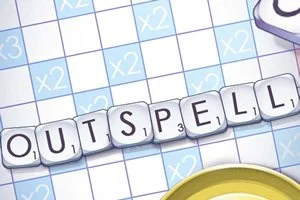 アルファベットタイル「OUTSPELL」がグリッドに配置されたクロスワードパズルのイメージ。